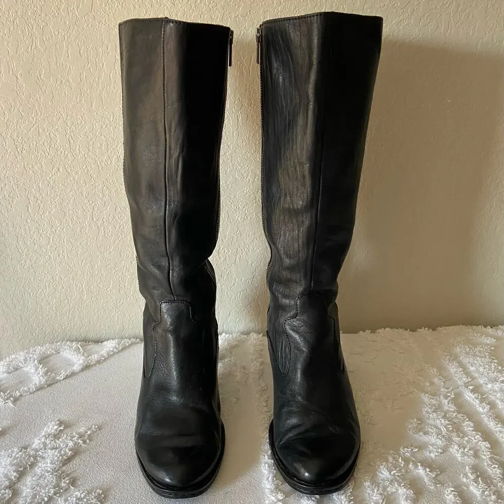 BORN Leather Boots Women's High-Calf Fashion Heel Blk Sz 7 Grunge Goth Witchy - Picture 2 of 11